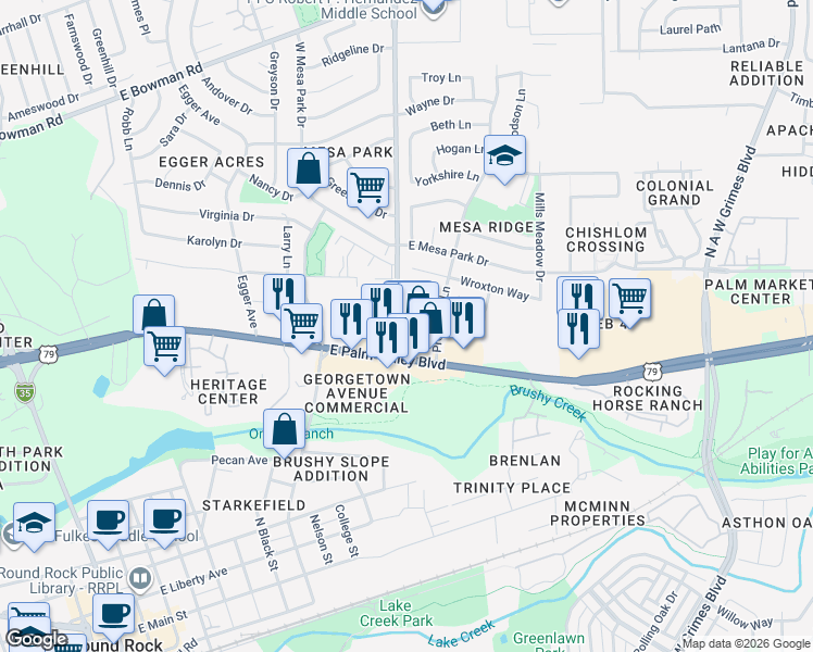 map of restaurants, bars, coffee shops, grocery stores, and more near 1111 Sunrise Road in Round Rock