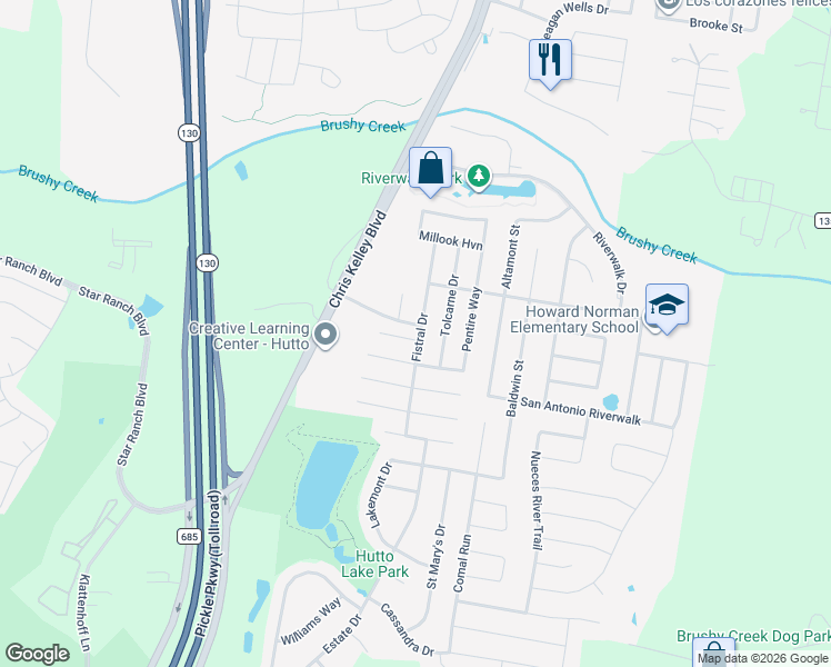 map of restaurants, bars, coffee shops, grocery stores, and more near 102 Acadia Cove in Hutto