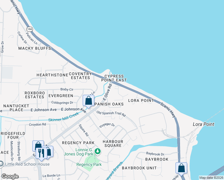 map of restaurants, bars, coffee shops, grocery stores, and more near 4811 Rosemont Court in Pensacola