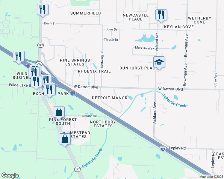 map of restaurants, bars, coffee shops, grocery stores, and more near 2091 West Detroit Boulevard in Pensacola