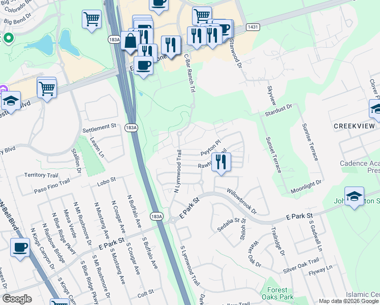 map of restaurants, bars, coffee shops, grocery stores, and more near 1011 Peyton Place in Cedar Park
