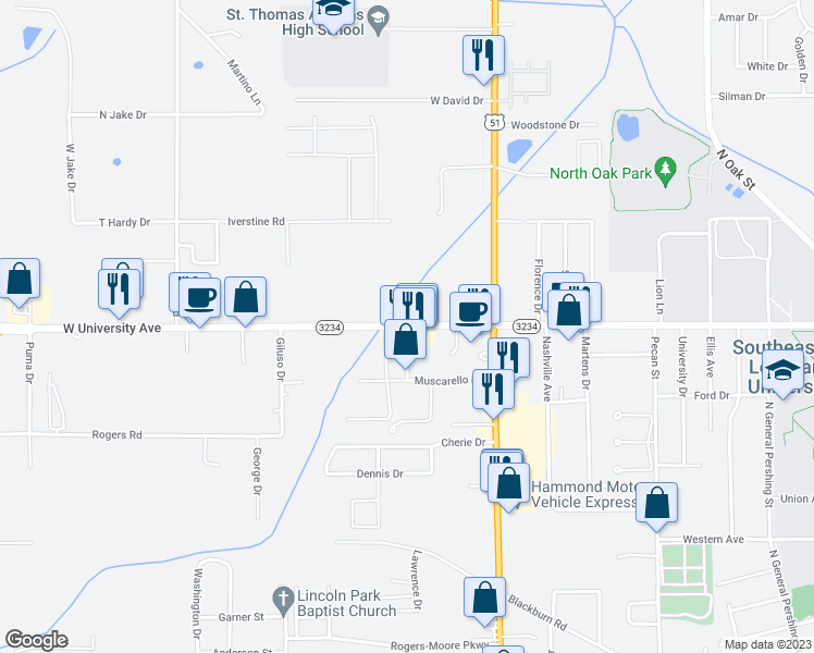 map of restaurants, bars, coffee shops, grocery stores, and more near University Park Drive in Hammond