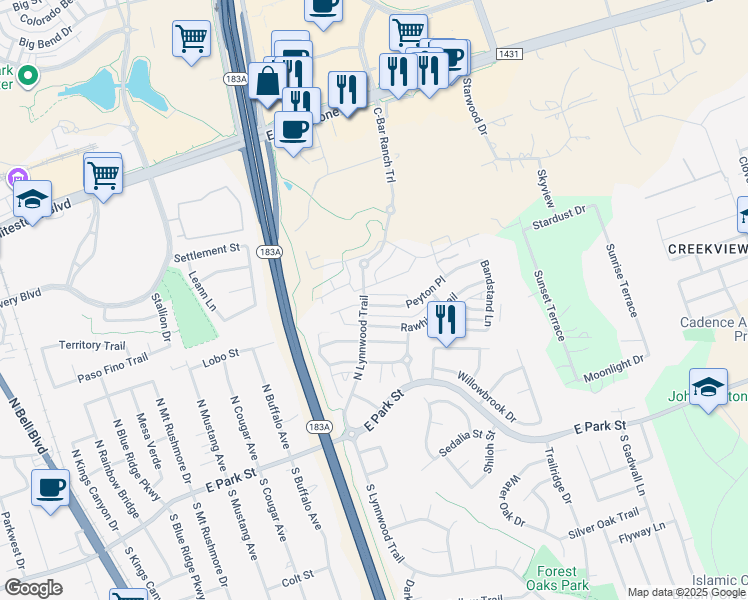 map of restaurants, bars, coffee shops, grocery stores, and more near 1005 Peyton Place in Cedar Park