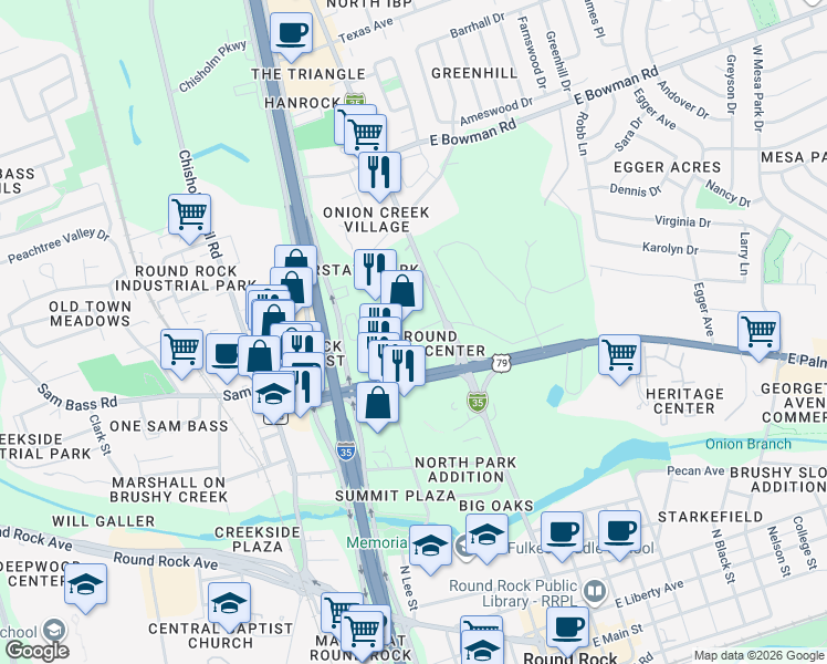 map of restaurants, bars, coffee shops, grocery stores, and more near 120 Northwest Drive in Round Rock