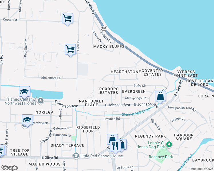 map of restaurants, bars, coffee shops, grocery stores, and more near 4028 Leesbury Drive in Pensacola