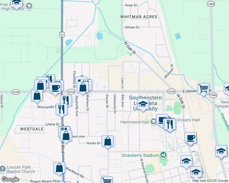 map of restaurants, bars, coffee shops, grocery stores, and more near 900b West University Avenue in Hammond