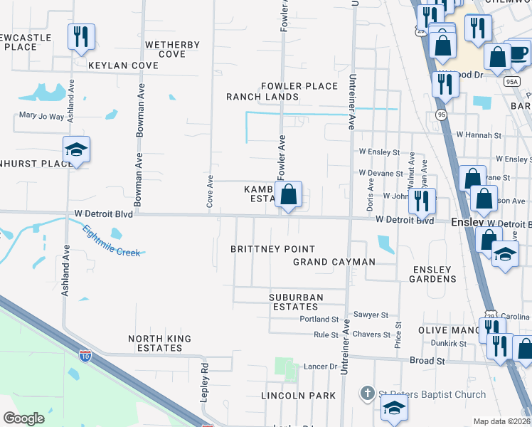 map of restaurants, bars, coffee shops, grocery stores, and more near 8403 Jarmen Lane in Pensacola