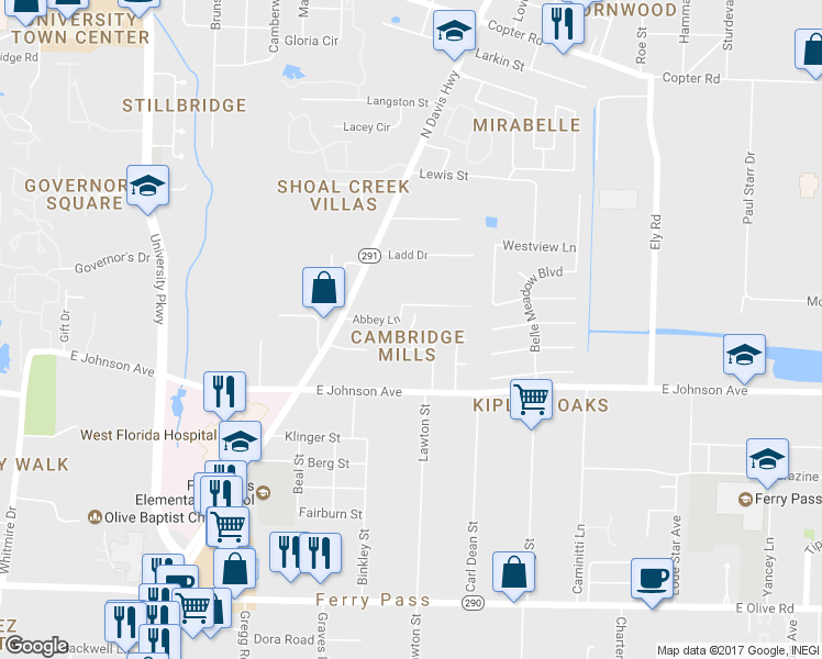 map of restaurants, bars, coffee shops, grocery stores, and more near 8512 Sawmill Run in Pensacola