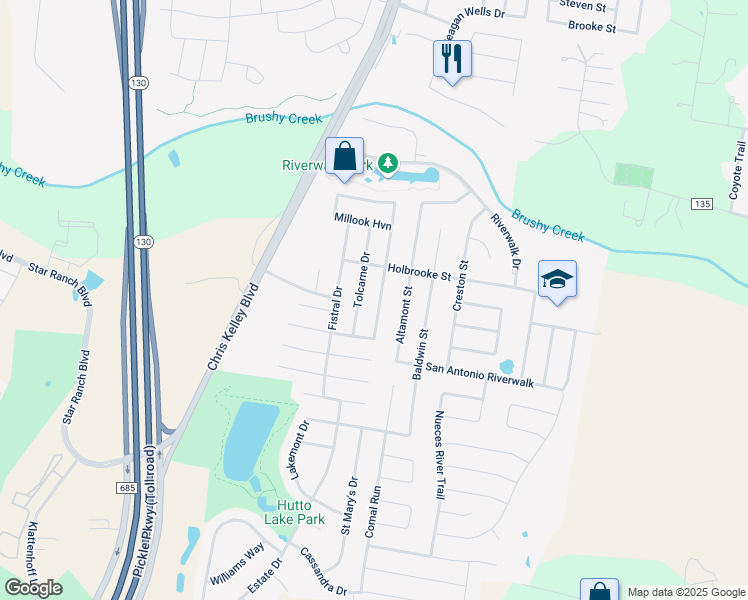map of restaurants, bars, coffee shops, grocery stores, and more near 222 Tolcarne Drive in Hutto