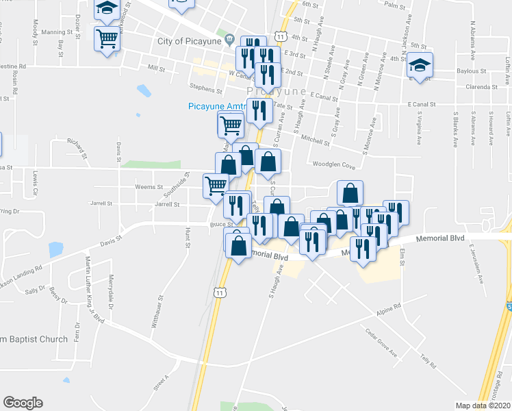 map of restaurants, bars, coffee shops, grocery stores, and more near 201 Telly Road in Picayune