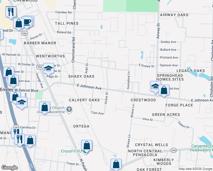 map of restaurants, bars, coffee shops, grocery stores, and more near 210 East Johnson Avenue in Pensacola