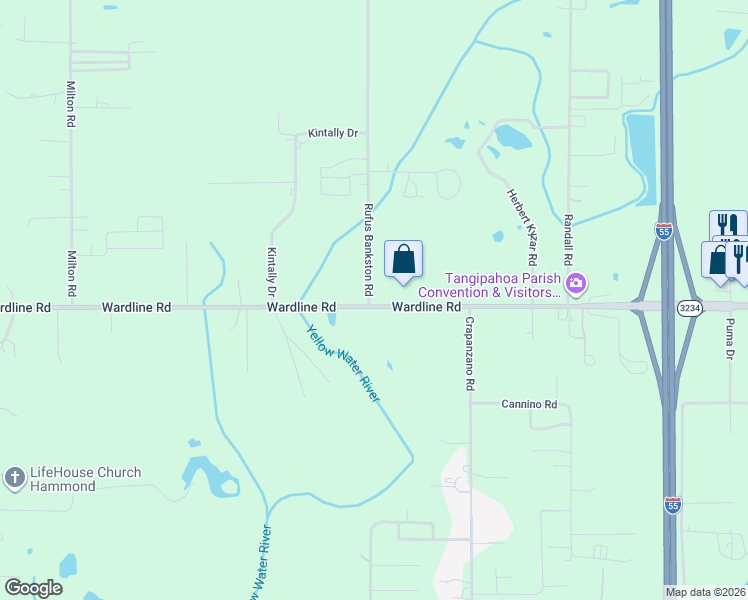 map of restaurants, bars, coffee shops, grocery stores, and more near 12551 Wardline Road in Hammond