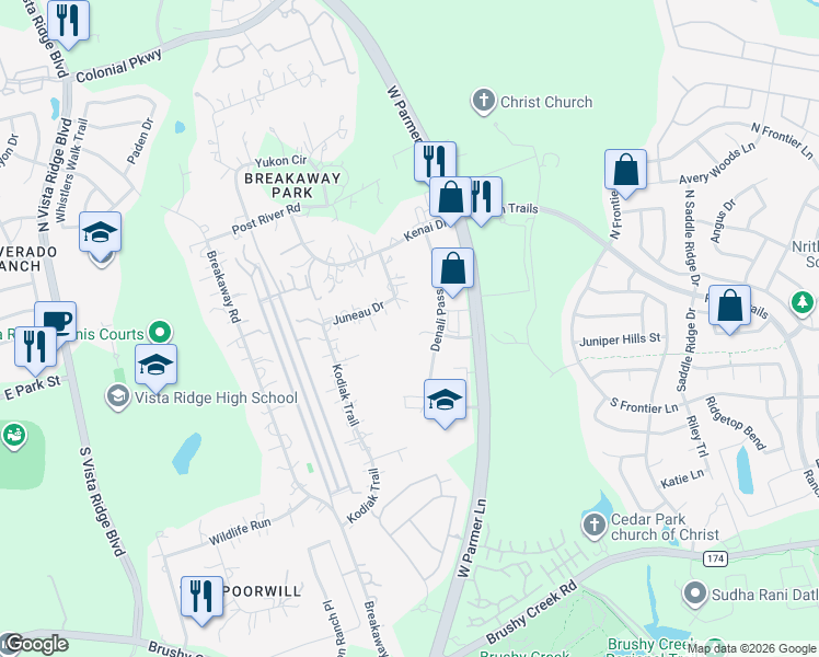 map of restaurants, bars, coffee shops, grocery stores, and more near 3001 Glacier Pass Lane in Cedar Park