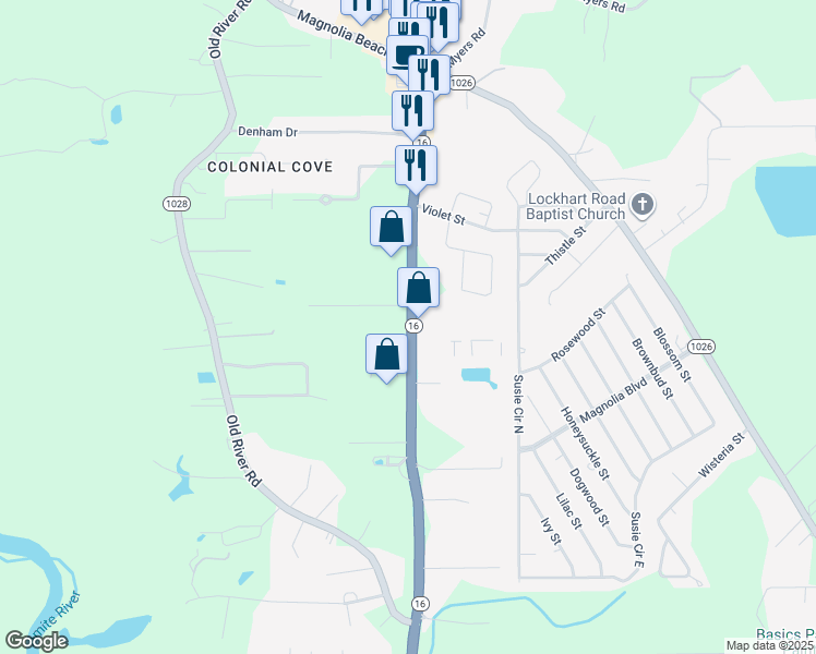 map of restaurants, bars, coffee shops, grocery stores, and more near 31305 Louisiana 16 in Denham Springs