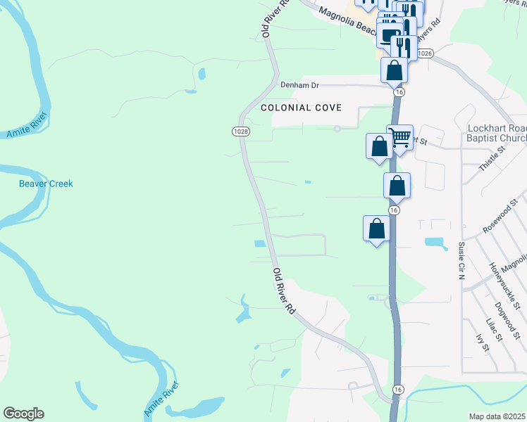 map of restaurants, bars, coffee shops, grocery stores, and more near Old River Road in Denham Springs