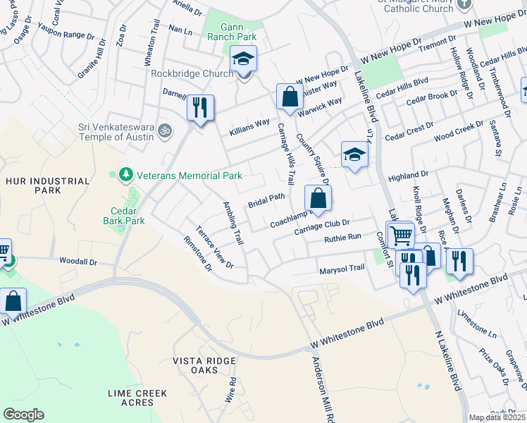 map of restaurants, bars, coffee shops, grocery stores, and more near 1508 Coachlamp Cove in Cedar Park