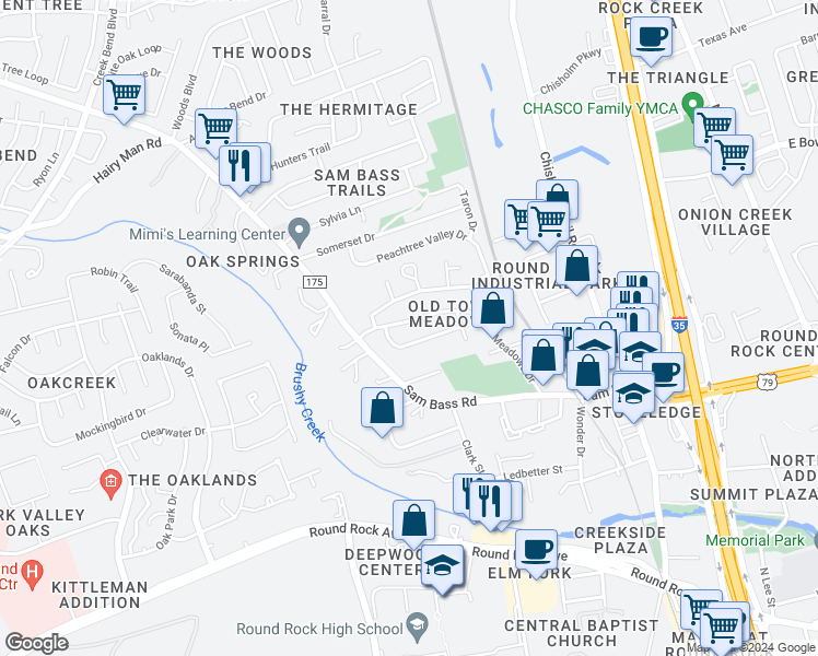 map of restaurants, bars, coffee shops, grocery stores, and more near 1503 Meadows Drive in Round Rock