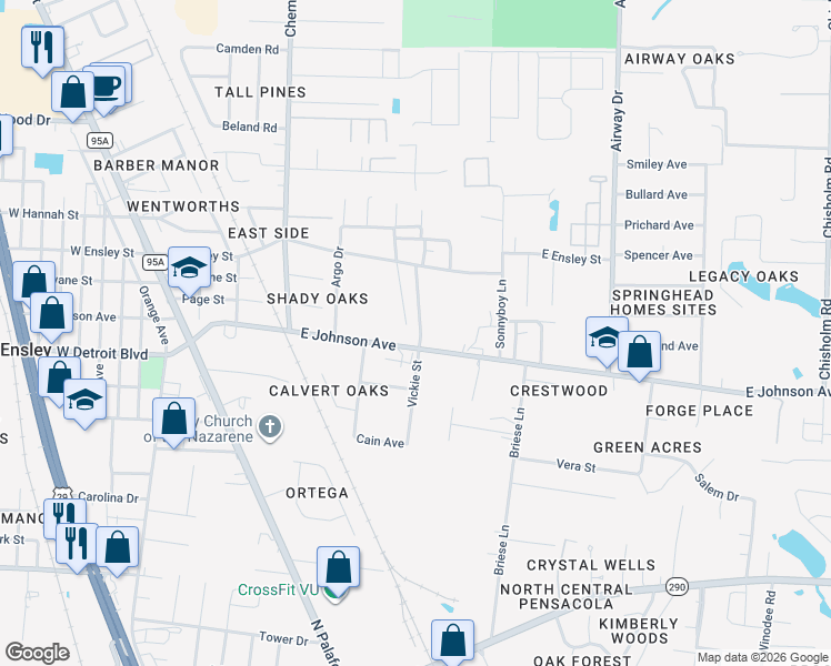 map of restaurants, bars, coffee shops, grocery stores, and more near 210 East Johnson Avenue in Pensacola