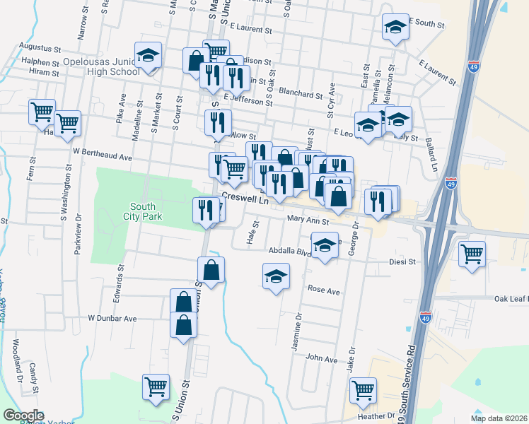 map of restaurants, bars, coffee shops, grocery stores, and more near 1418 John Jacob Street in Opelousas