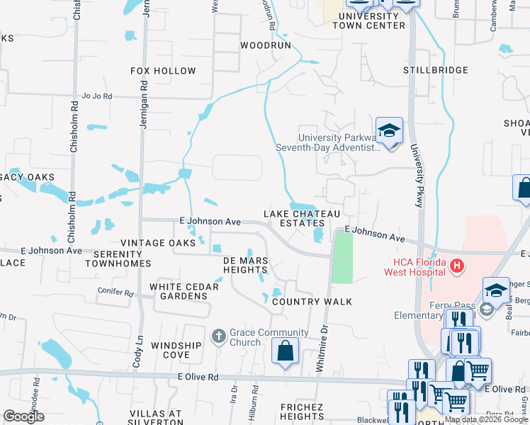 map of restaurants, bars, coffee shops, grocery stores, and more near 1127 Merrie Way in Pensacola
