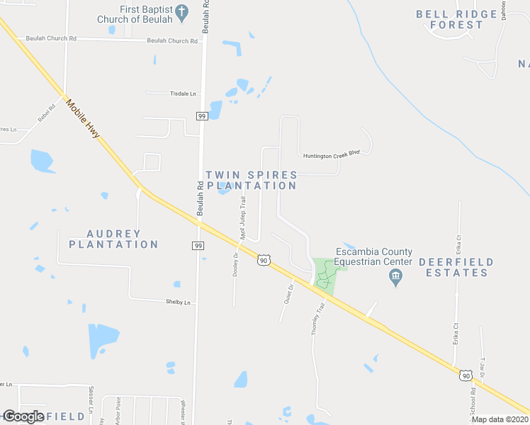 map of restaurants, bars, coffee shops, grocery stores, and more near 8036 Thoroughbred Road in Pensacola