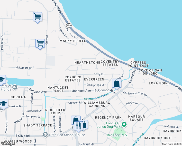 map of restaurants, bars, coffee shops, grocery stores, and more near 4361 Bixby Circle in Pensacola