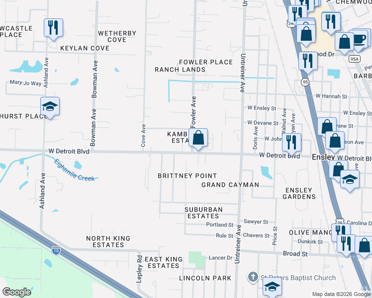 map of restaurants, bars, coffee shops, grocery stores, and more near 8403 Jarmen Lane in Pensacola