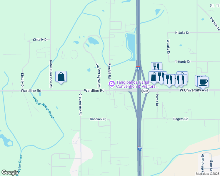 map of restaurants, bars, coffee shops, grocery stores, and more near 13120 Wardline Road in Hammond