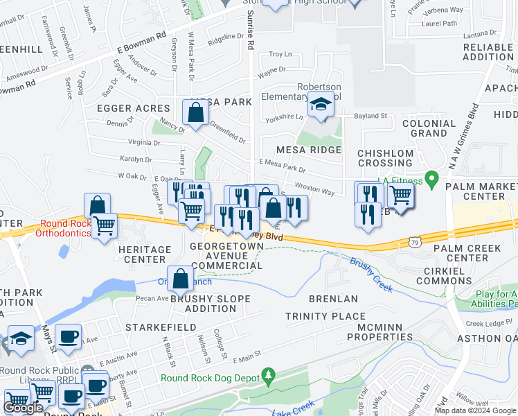 map of restaurants, bars, coffee shops, grocery stores, and more near 1196 Sunrise Road in Round Rock