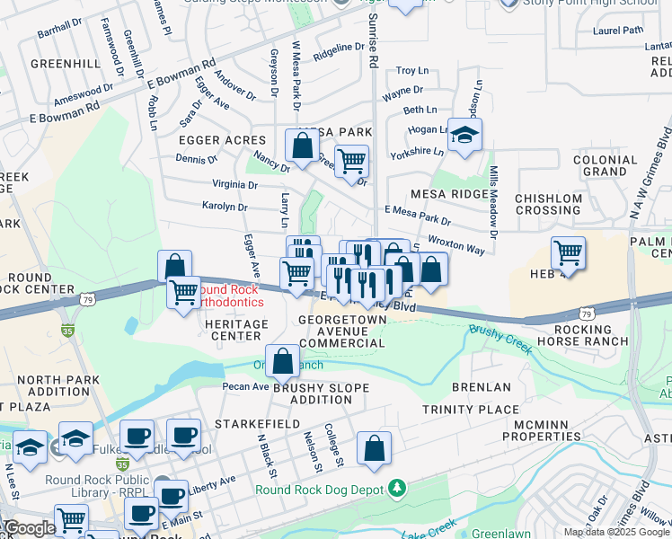map of restaurants, bars, coffee shops, grocery stores, and more near 1101 North Georgetown Street in Round Rock