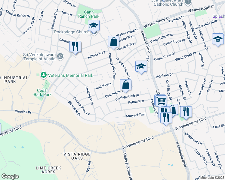 map of restaurants, bars, coffee shops, grocery stores, and more near 2007 Coachlamp Drive in Cedar Park