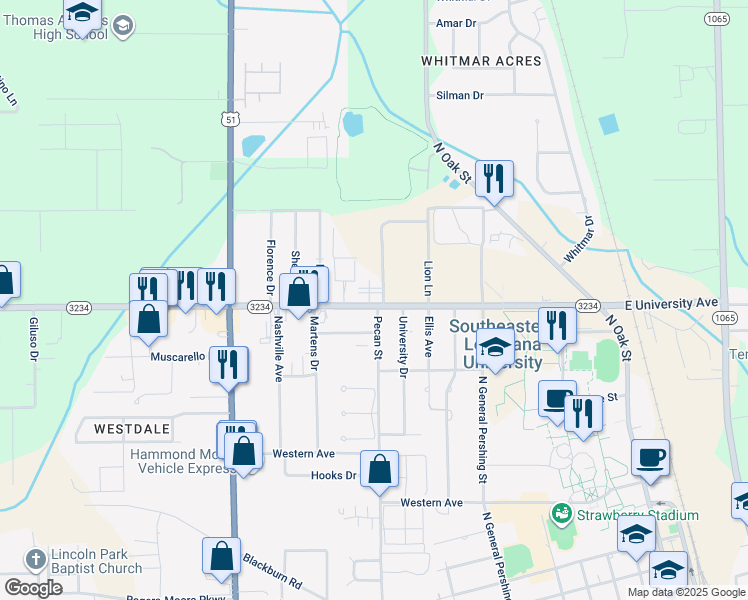 map of restaurants, bars, coffee shops, grocery stores, and more near 1002 West University Avenue in Hammond