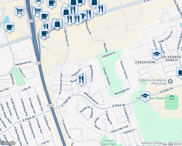 map of restaurants, bars, coffee shops, grocery stores, and more near 319 Bandstand Lane in Cedar Park