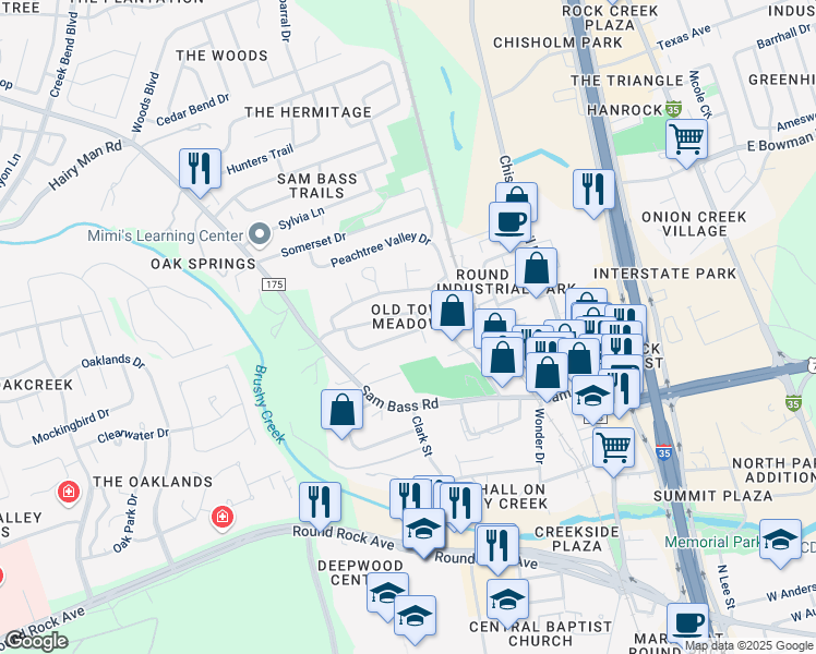 map of restaurants, bars, coffee shops, grocery stores, and more near 1407 Glenmeadows Drive in Round Rock