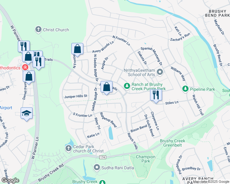 map of restaurants, bars, coffee shops, grocery stores, and more near 3934 Bowstring Bend in Cedar Park