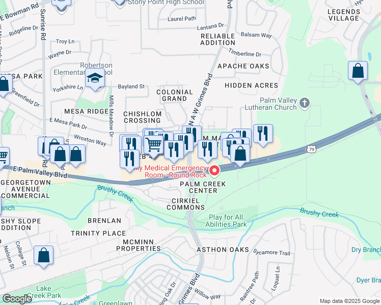 map of restaurants, bars, coffee shops, grocery stores, and more near 900 North A W Grimes Boulevard in Round Rock