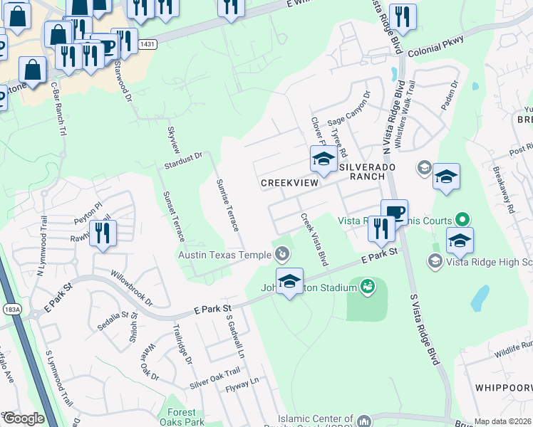 map of restaurants, bars, coffee shops, grocery stores, and more near 409 Riverine Way in Cedar Park