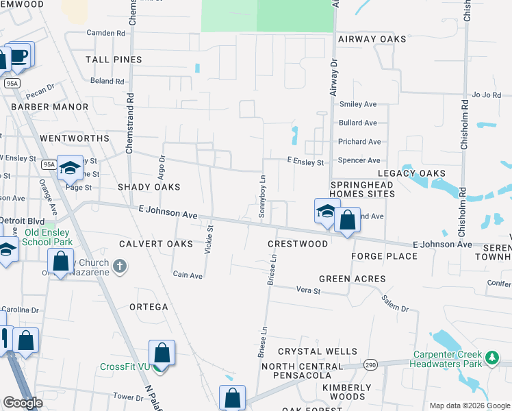 map of restaurants, bars, coffee shops, grocery stores, and more near 53 Sonnyboy Lane in Pensacola