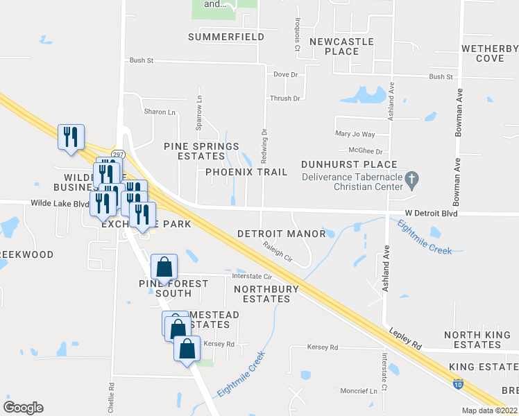 map of restaurants, bars, coffee shops, grocery stores, and more near 2170 West Detroit Boulevard in Pensacola