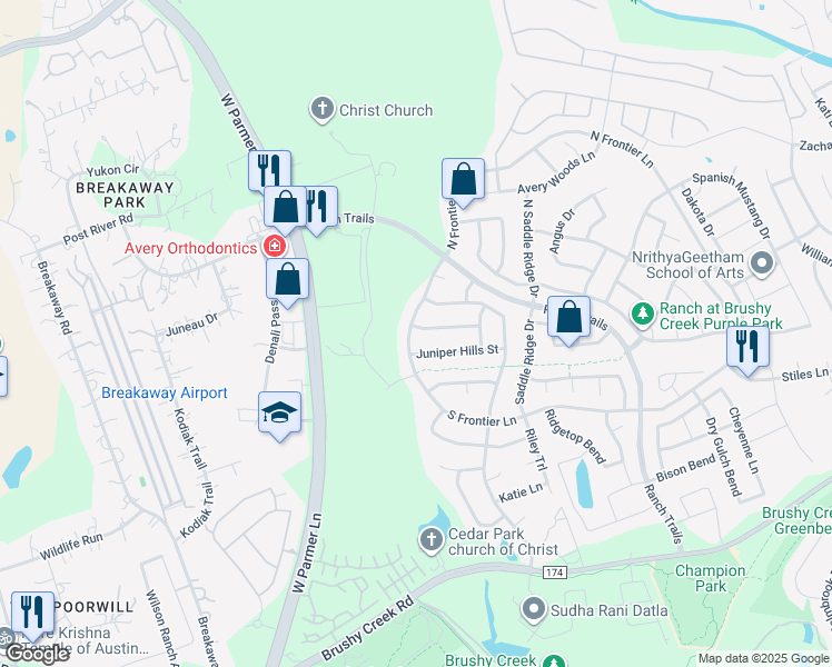 map of restaurants, bars, coffee shops, grocery stores, and more near 3601 Juniper Hills Street in Cedar Park