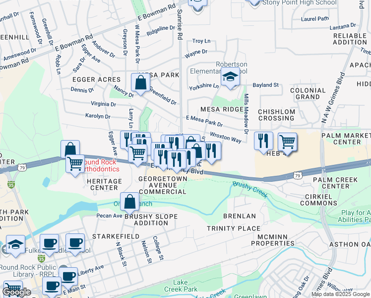 map of restaurants, bars, coffee shops, grocery stores, and more near 1111 Sunrise Road in Round Rock