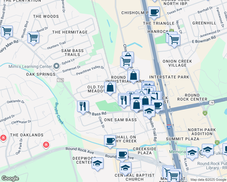 map of restaurants, bars, coffee shops, grocery stores, and more near Glen Cove in Round Rock