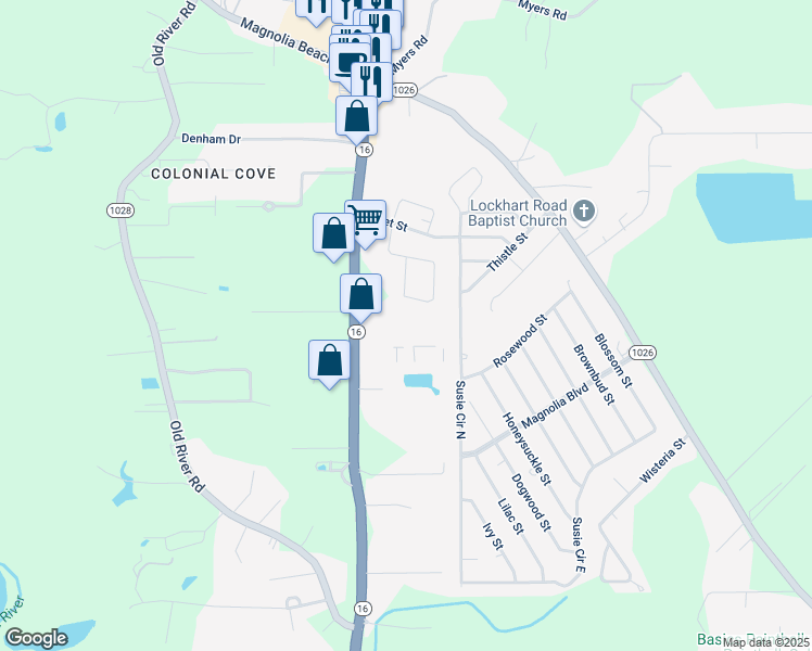 map of restaurants, bars, coffee shops, grocery stores, and more near 31164 Louisiana 16 in Denham Springs