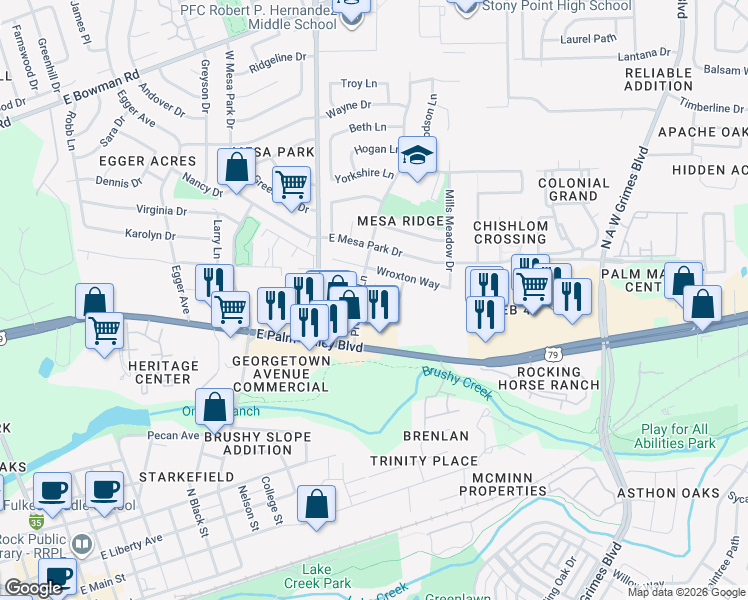 map of restaurants, bars, coffee shops, grocery stores, and more near 1305 Westcott Drive in Round Rock