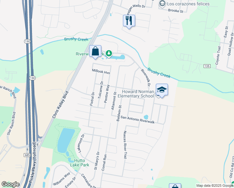 map of restaurants, bars, coffee shops, grocery stores, and more near 309 Altamont Street in Hutto