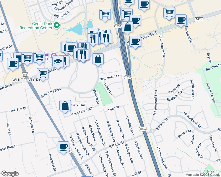 map of restaurants, bars, coffee shops, grocery stores, and more near 711 Leann Lane in Cedar Park