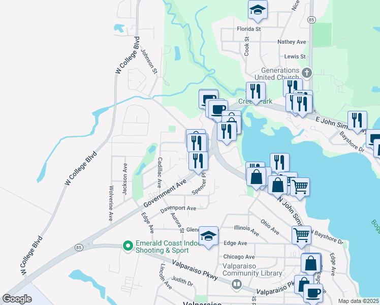 map of restaurants, bars, coffee shops, grocery stores, and more near 714 Howell Road in Niceville