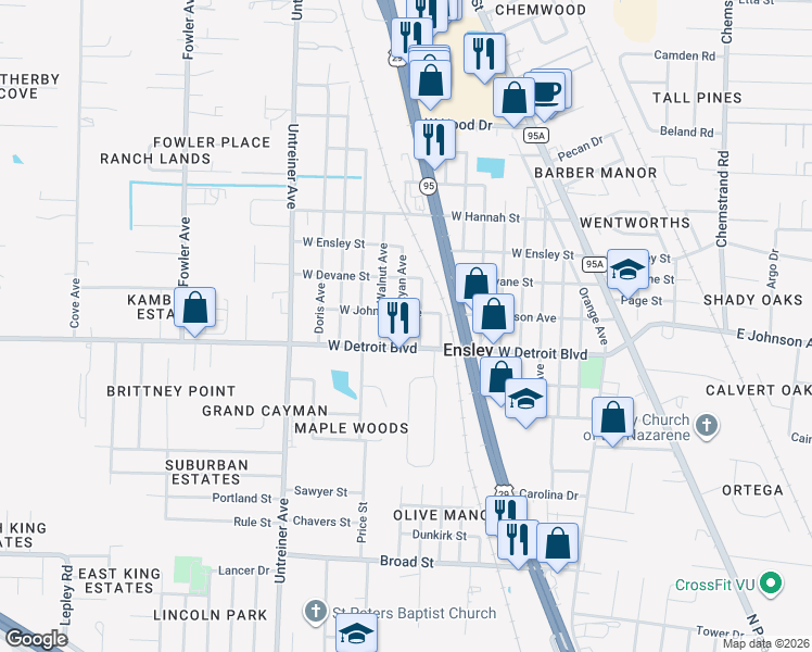 map of restaurants, bars, coffee shops, grocery stores, and more near 520 West Detroit Boulevard in Pensacola