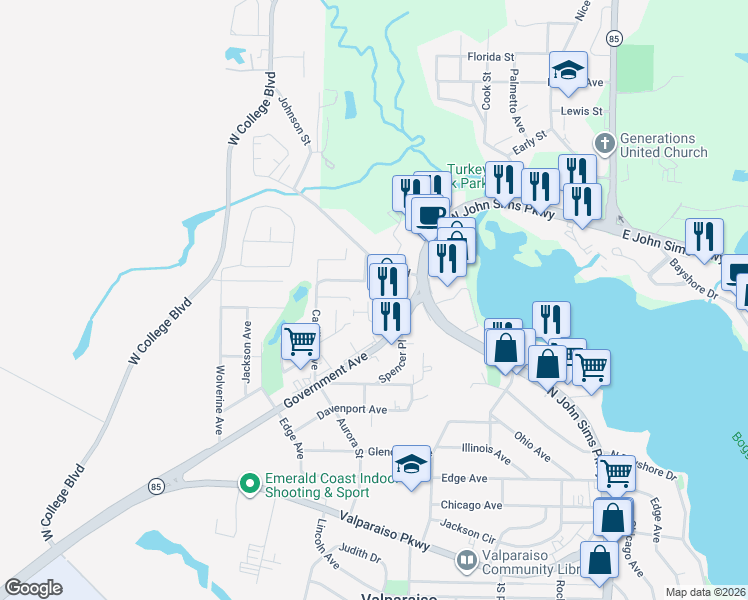 map of restaurants, bars, coffee shops, grocery stores, and more near 714 Howell Road in Niceville