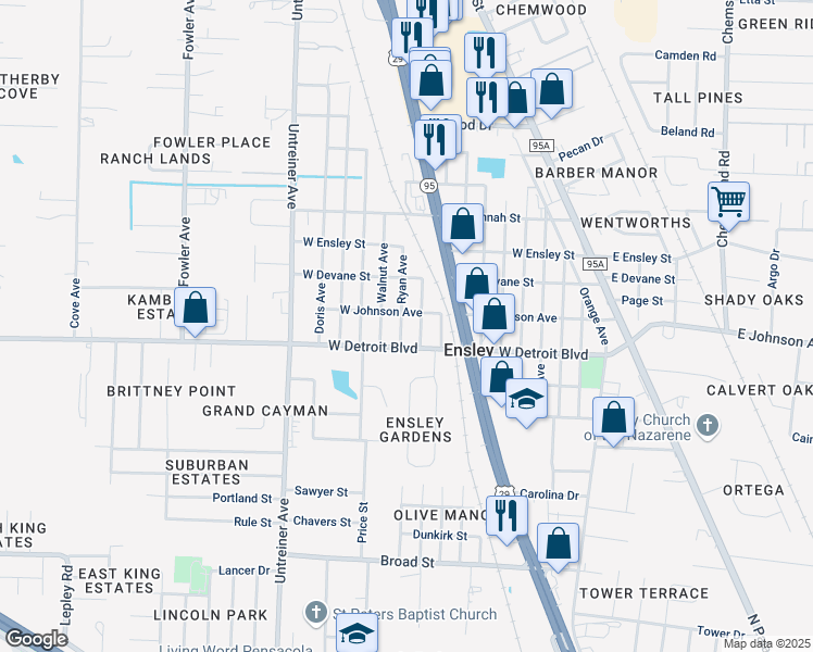 map of restaurants, bars, coffee shops, grocery stores, and more near 520 West Detroit Boulevard in Pensacola